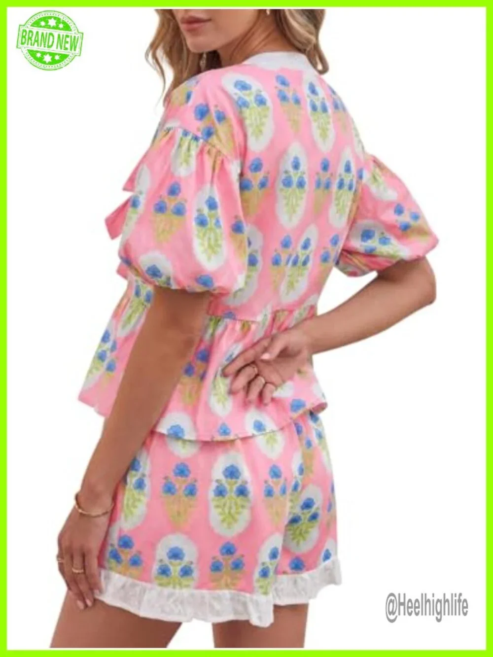 Floral Puff Sleeve Babydoll Blouse Ruffle Shorts Matching Set